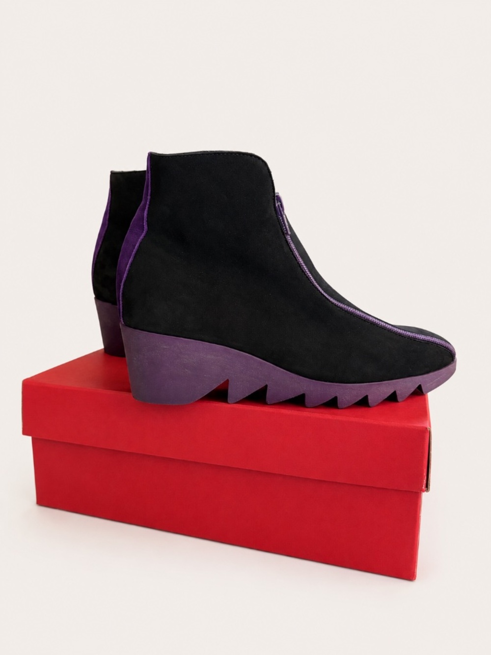 Arche Black Suede Ankle Boots Purple Zip Sculptural Wedge  Size 38/ US 7.5